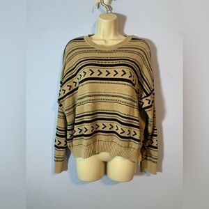 Lauren Ralph Lauren Tan black folk native southwest crew Sweater whipstitch XL